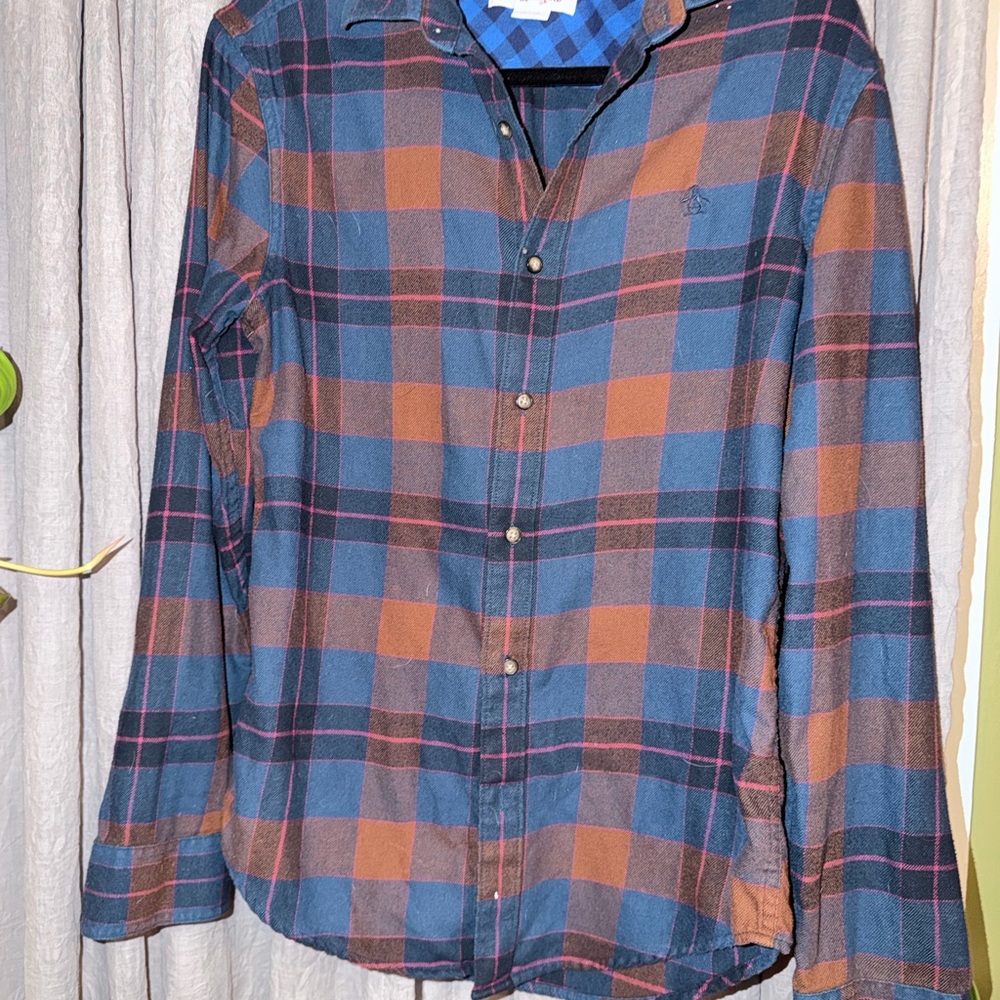 Men's Blue and Brown Plaid Shirt